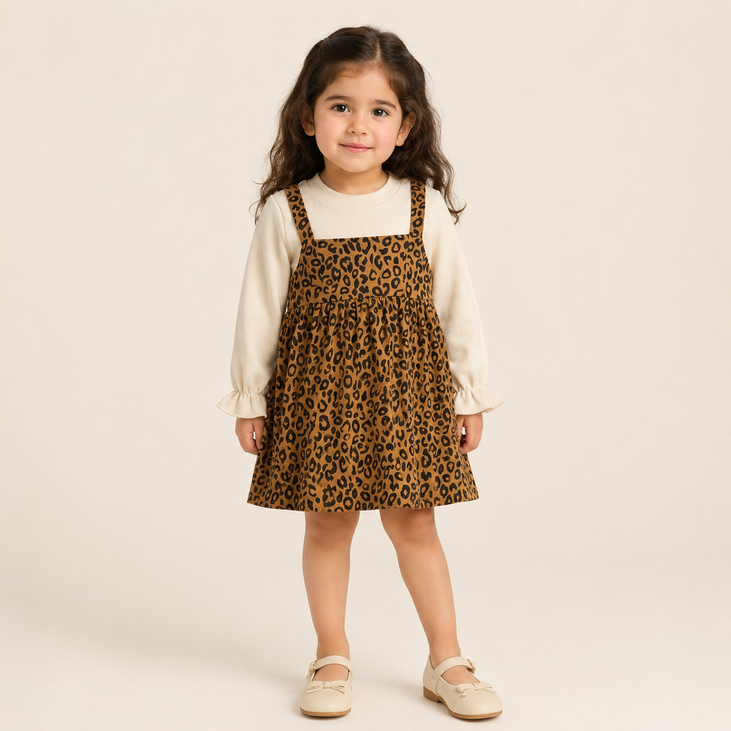 Girls Brown Leopard Print Pinafore Dress