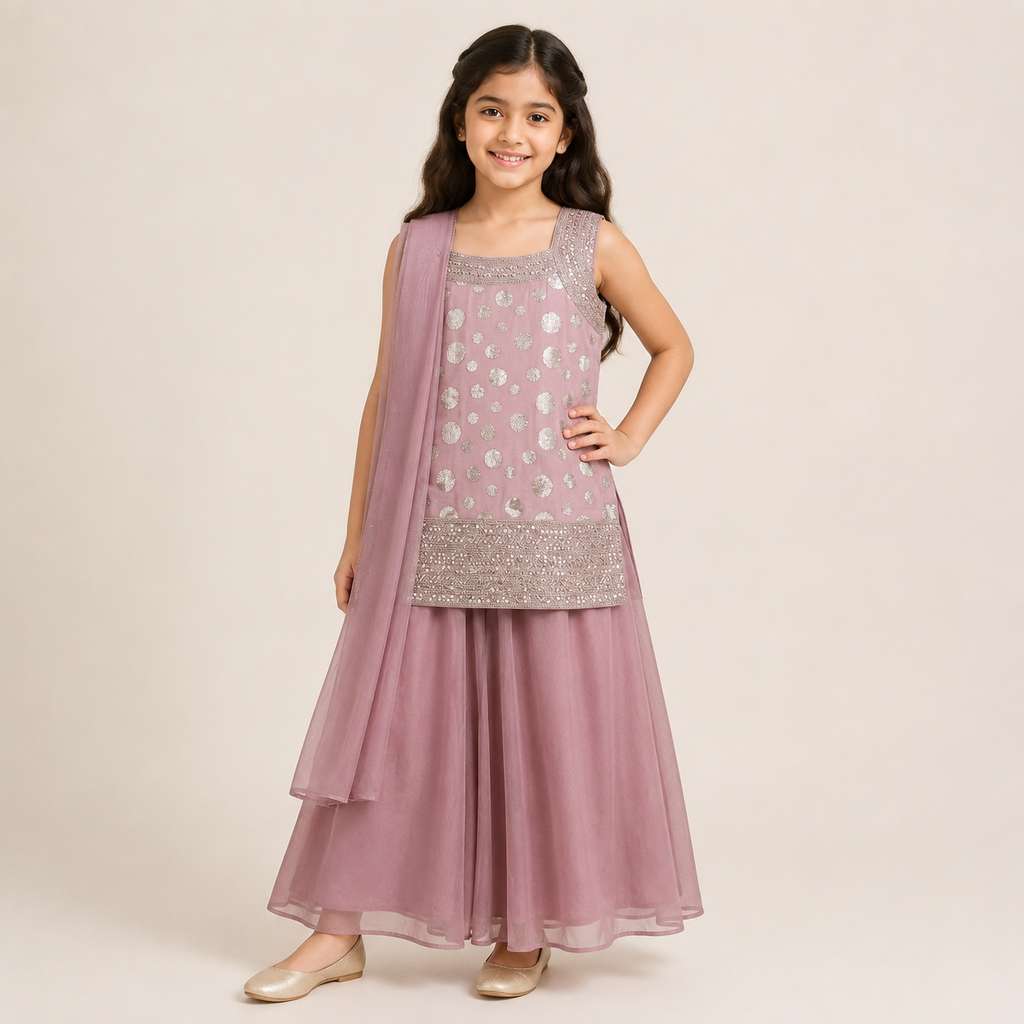 Girls Pink Party Wear Kurta Palazzo with Dupatta