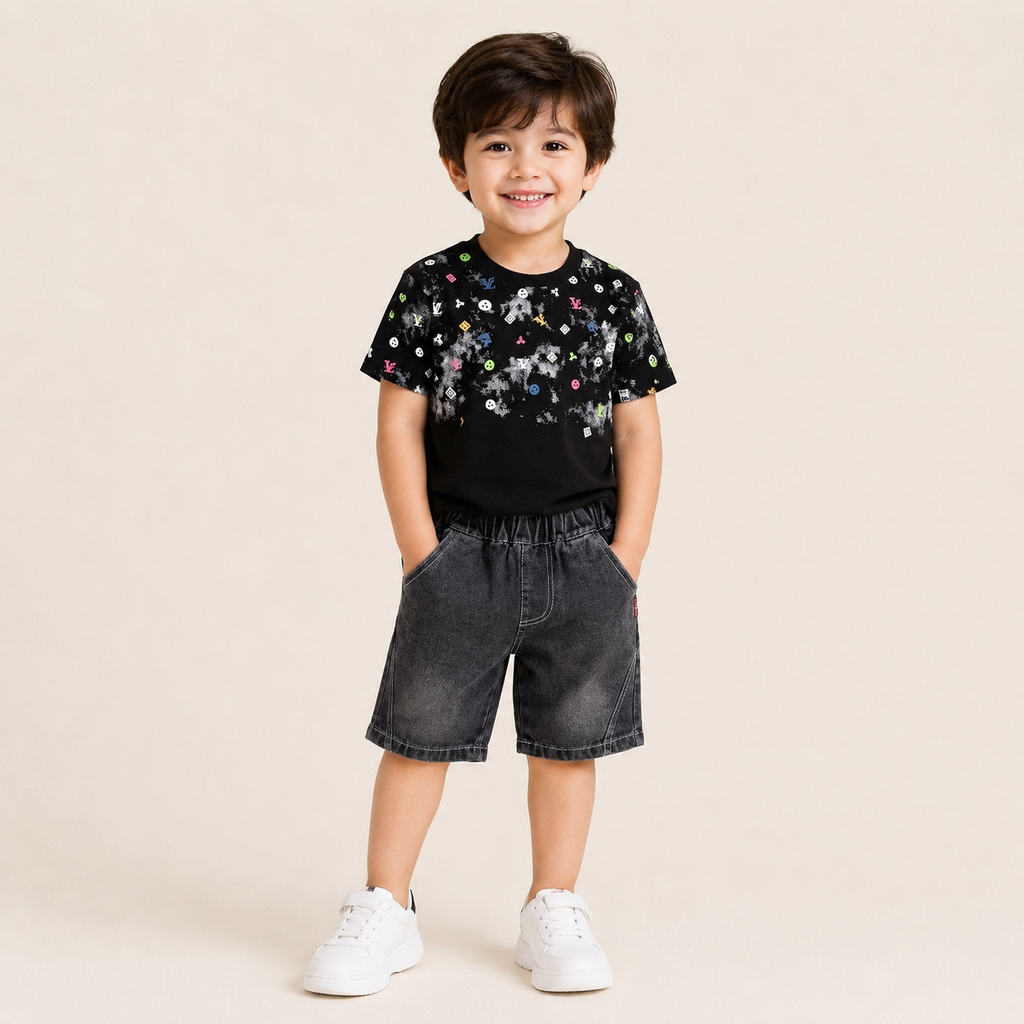 Boys Black Printed T-Shirt with Grey Denim Shorts