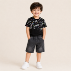 Boys Black Printed T-Shirt with Grey Denim Shorts