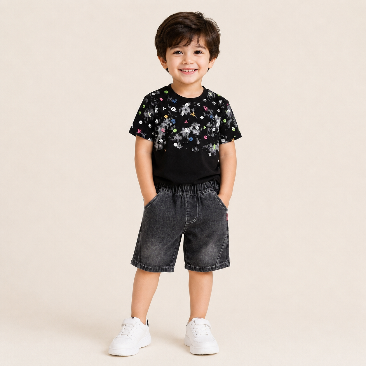 Boys Black Printed T-Shirt with Grey Denim Shorts