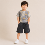 Boys Grey Printed T-Shirt with Black Denim Shorts