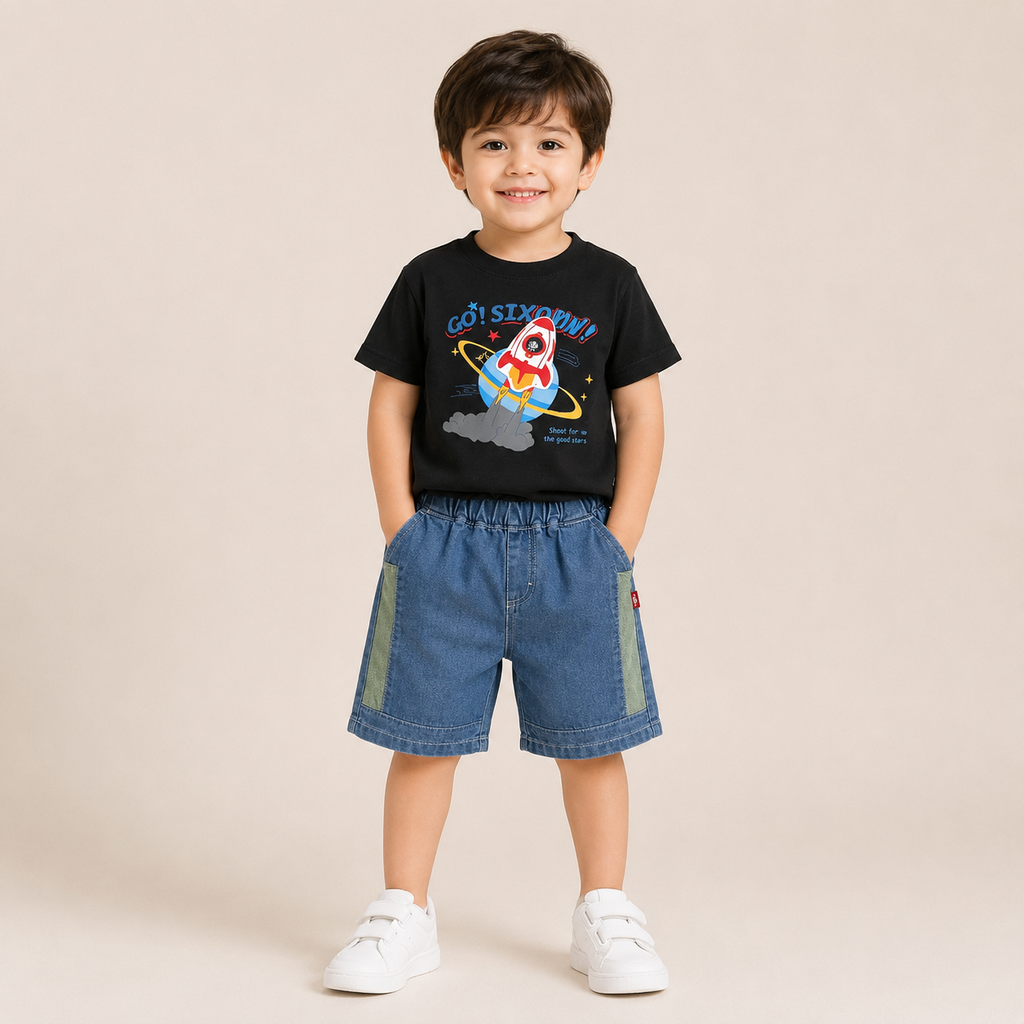 Boys Black Rocket Print T-Shirt with Blue Denim Shorts