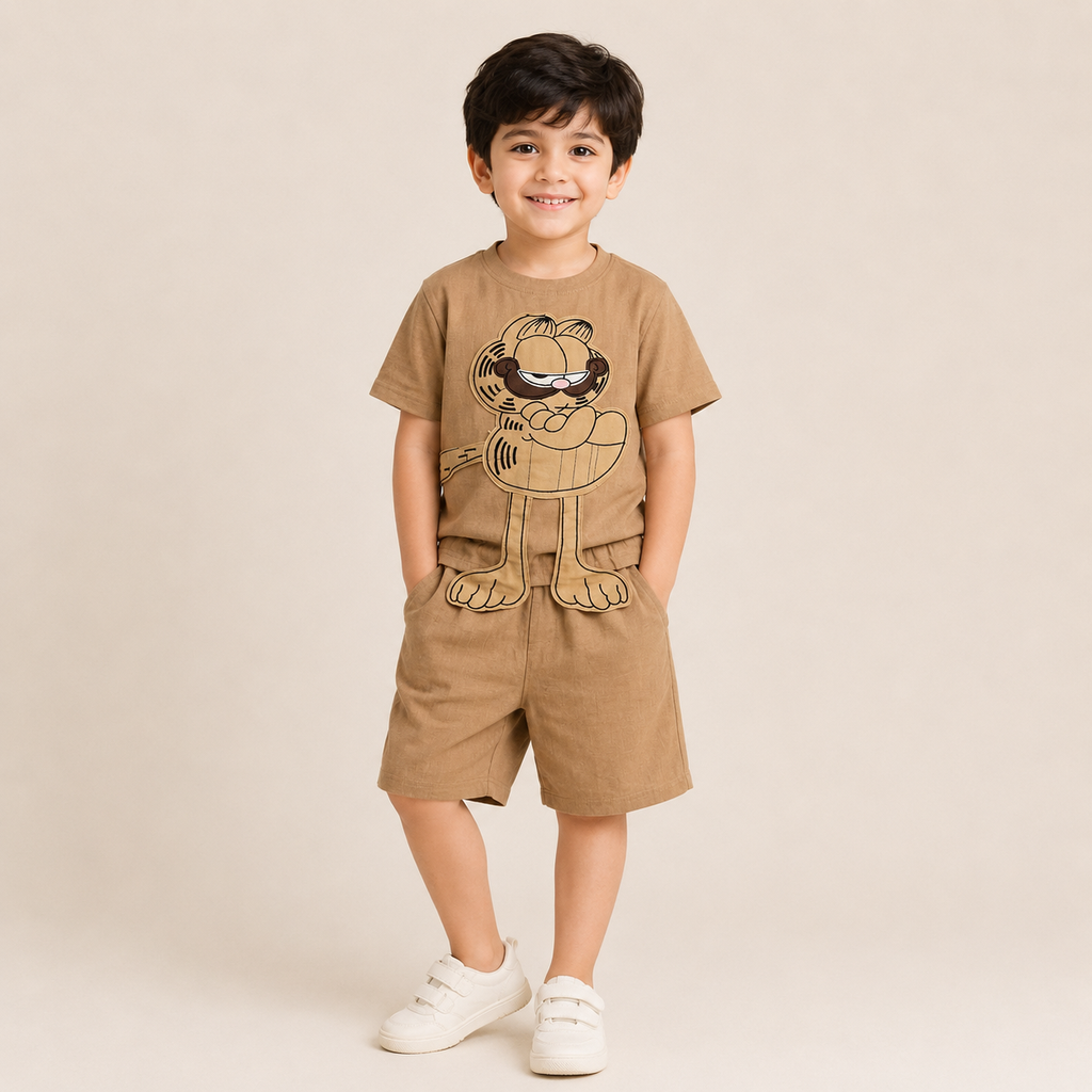 Boys Brown Cartoon Print T-Shirt & Shorts Set