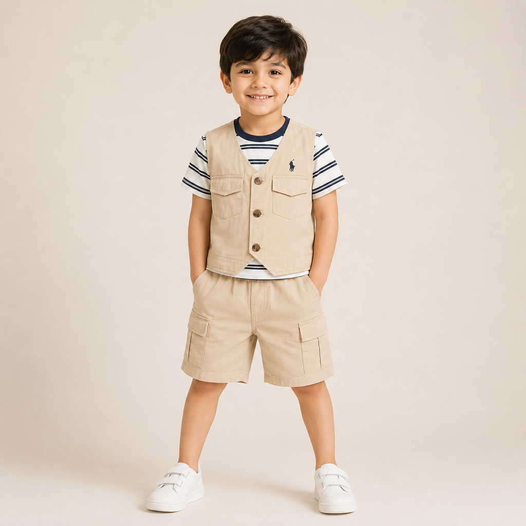 Boys Beige 3-Piece Cargo Shorts Set