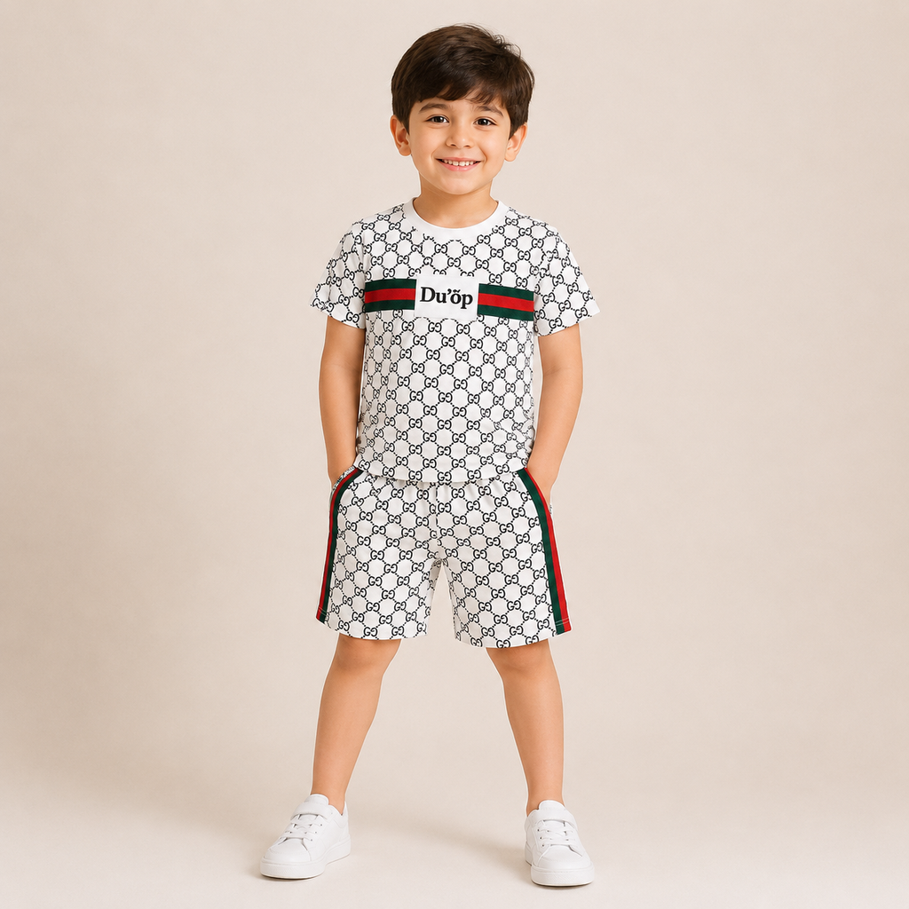 Boys White Printed T-Shirt with Matching Shorts