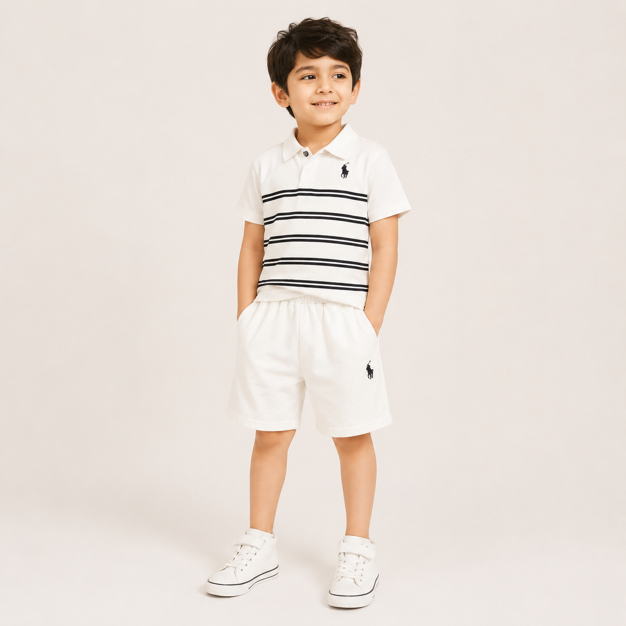 Boys White Striped Polo T-Shirt & Shorts Co-Ord Set