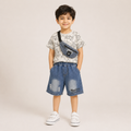 Boys Cartoon Print T-Shirt & Denim Shorts Co-Ord Set with Sling Bag
