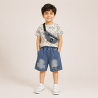 Boys Cartoon Print T-Shirt & Denim Shorts Co-Ord Set with Sling Bag