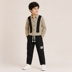 Boys Beige Striped Shirt & Black Cargo Pants Co-Ord Set