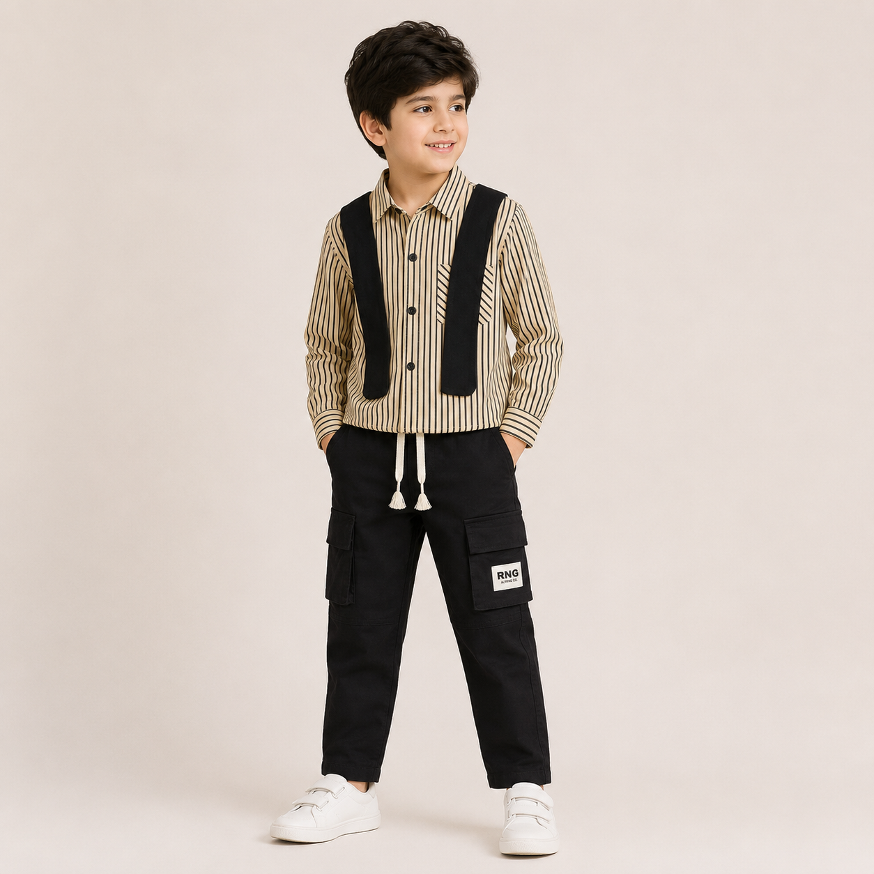 Boys Beige Striped Shirt & Black Cargo Pants Co-Ord Set