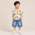 Boys Cartoon Print Shirt & Denim Shorts Co-Ord Set