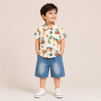 Boys Cartoon Print Shirt & Denim Shorts Co-Ord Set
