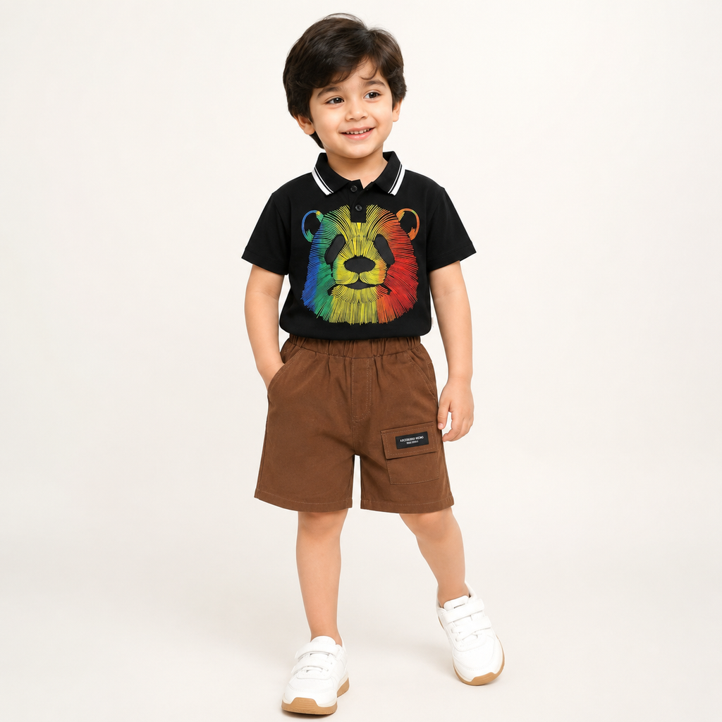 Boys Black Bear Print Polo T-Shirt & Brown Shorts