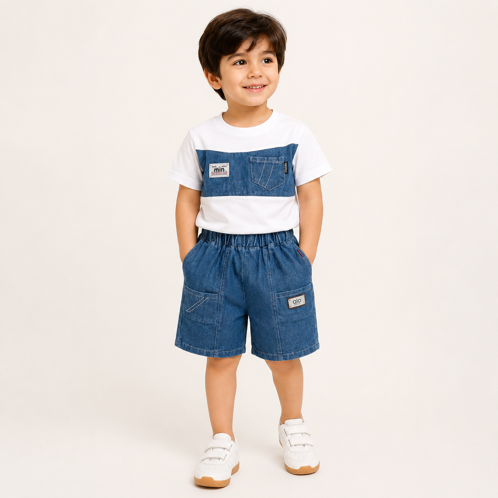 Boys White & Blue Color Block T-Shirt & Denim Shorts