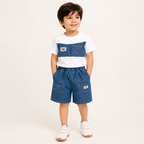 Boys White & Blue Color Block T-Shirt & Denim Shorts