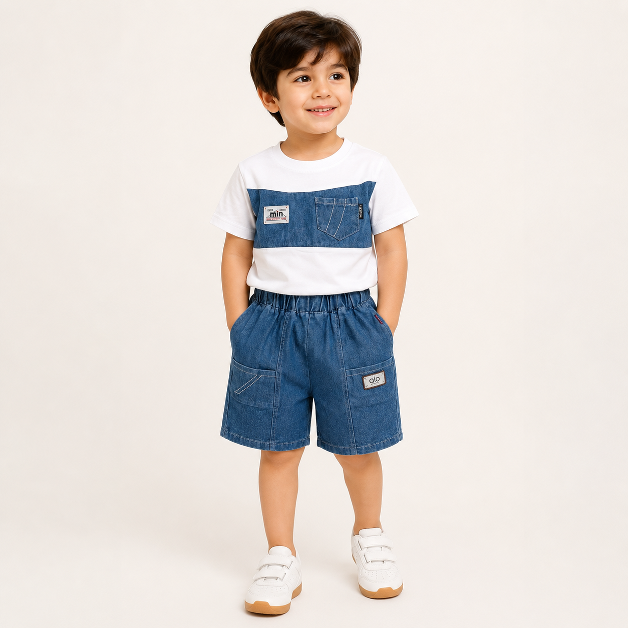 Boys White & Blue Color Block T-Shirt & Denim Shorts