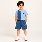 Boys Sky Blue Color Block T-Shirt & Denim Shorts