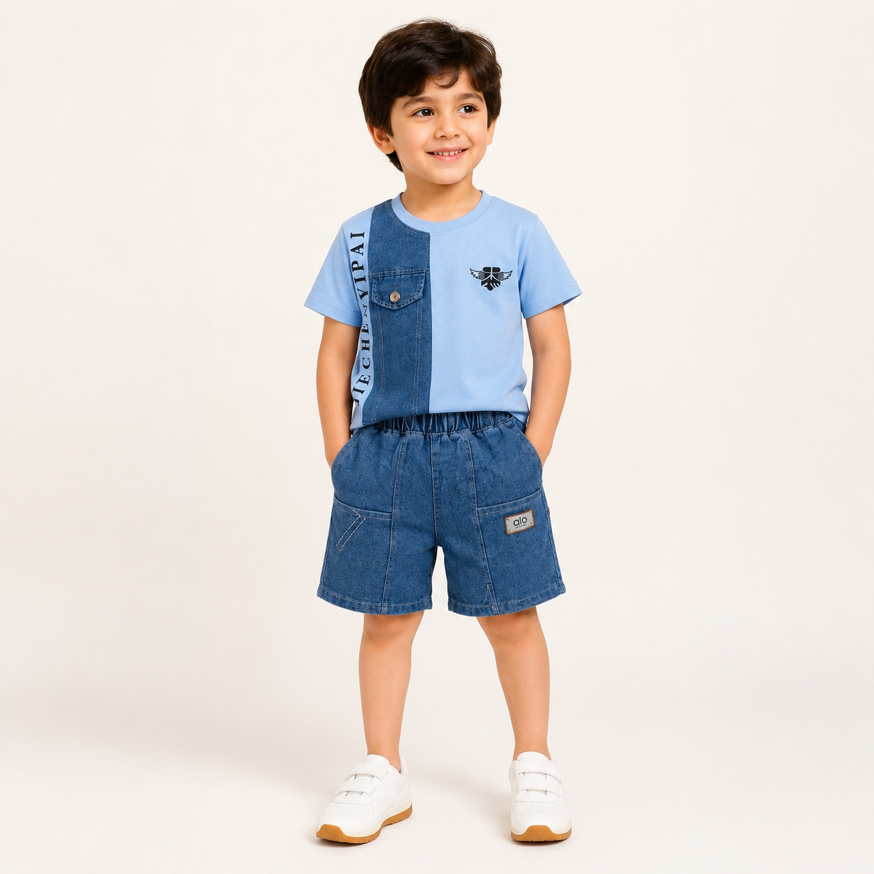 Boys Sky Blue Color Block T-Shirt & Denim Shorts