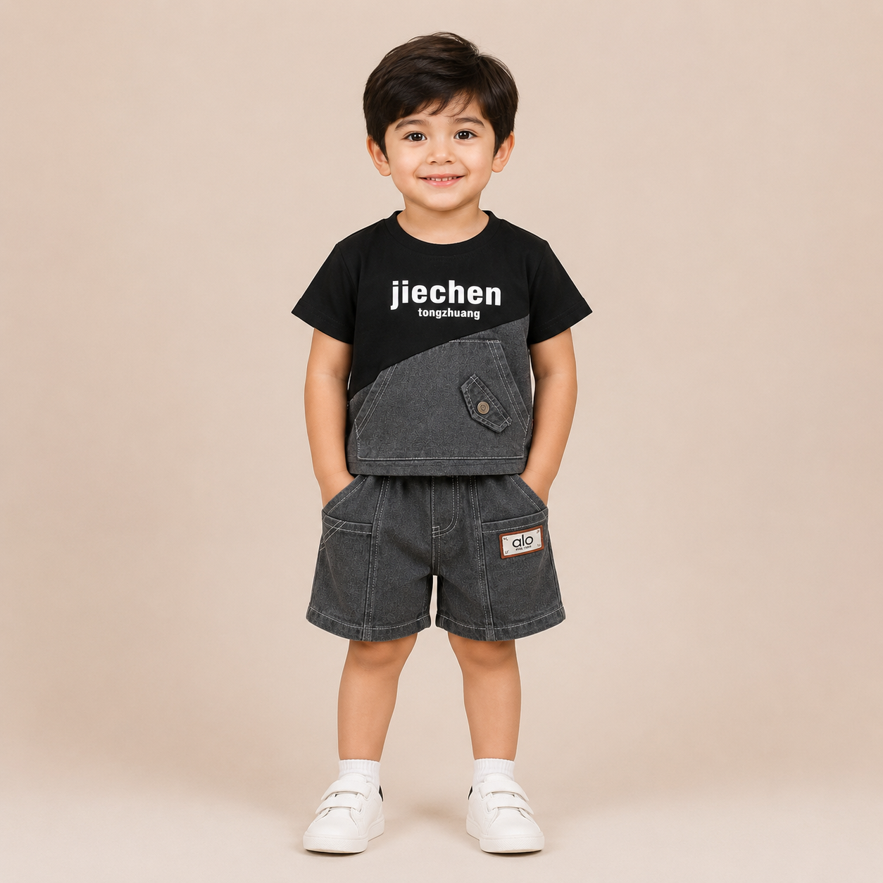 Boys Black & Grey Half Sleeve T-Shirt and Shorts