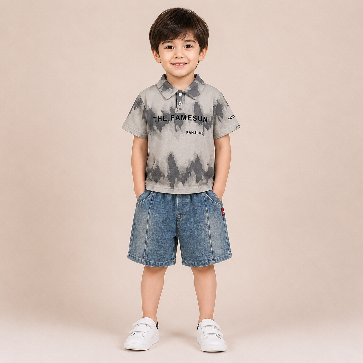 Boys Grey Polo Neck T-Shirt & Blue Denim Shorts
