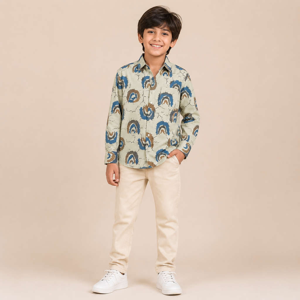 Boys Cream Printed Full Sleeve Casual Cotton Shirt