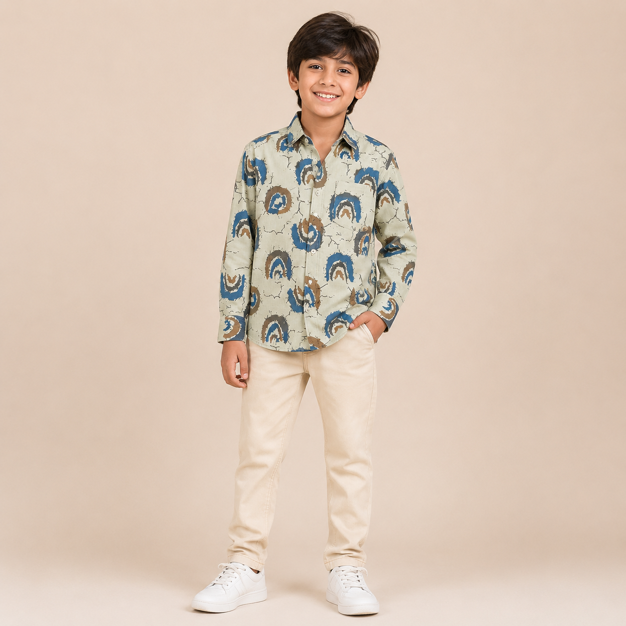 Boys Cream Printed Full Sleeve Casual Cotton Shirt