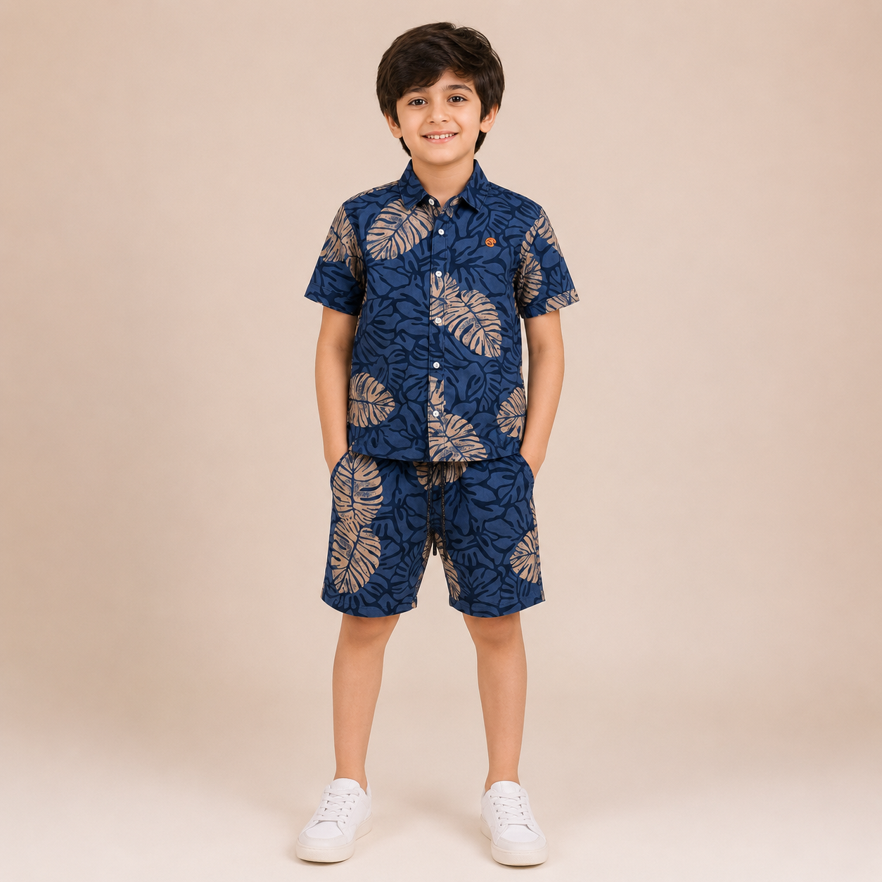 Boys Navy Blue Tropical Leaf Print Shirt & Shorts Co-Ord Set