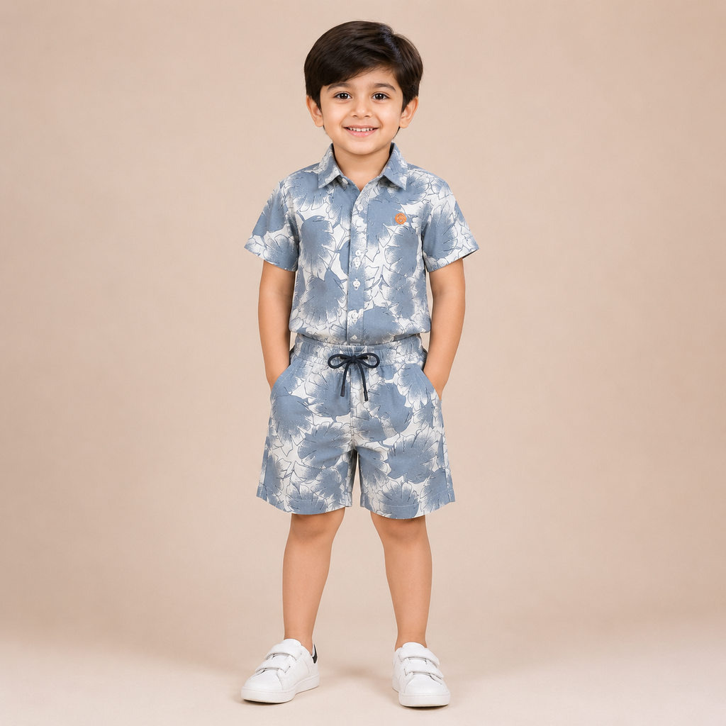 Boys Grey Tropical Leaf Print Shirt & Shorts Co-Ord Set