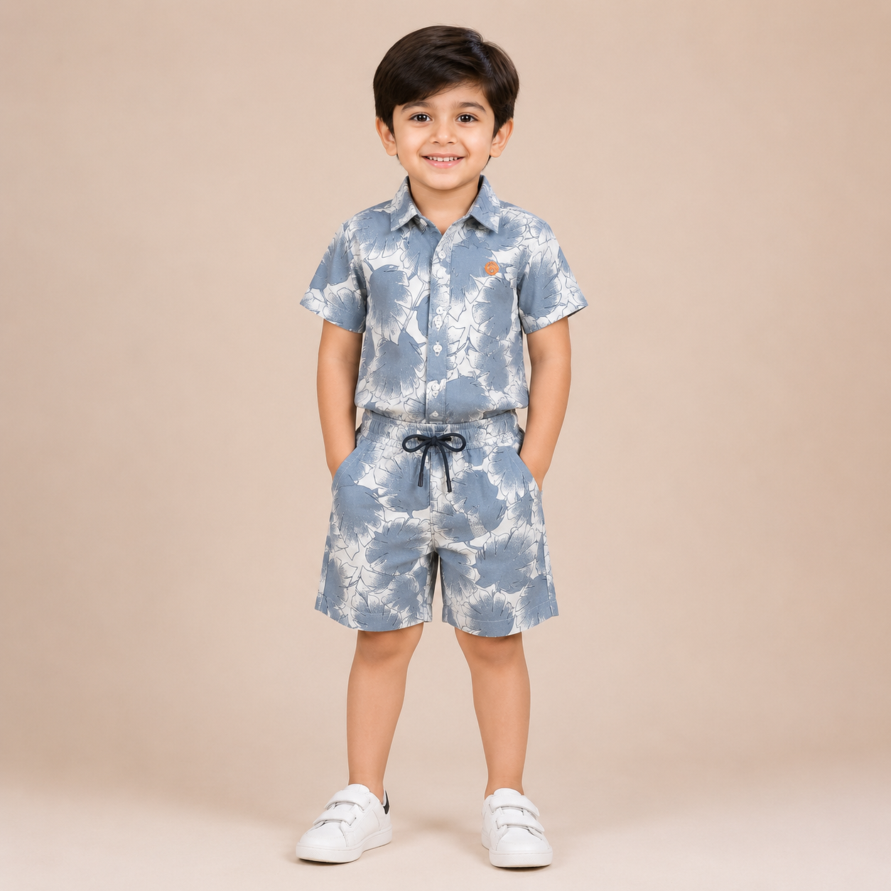 Boys Grey Tropical Leaf Print Shirt & Shorts Co-Ord Set