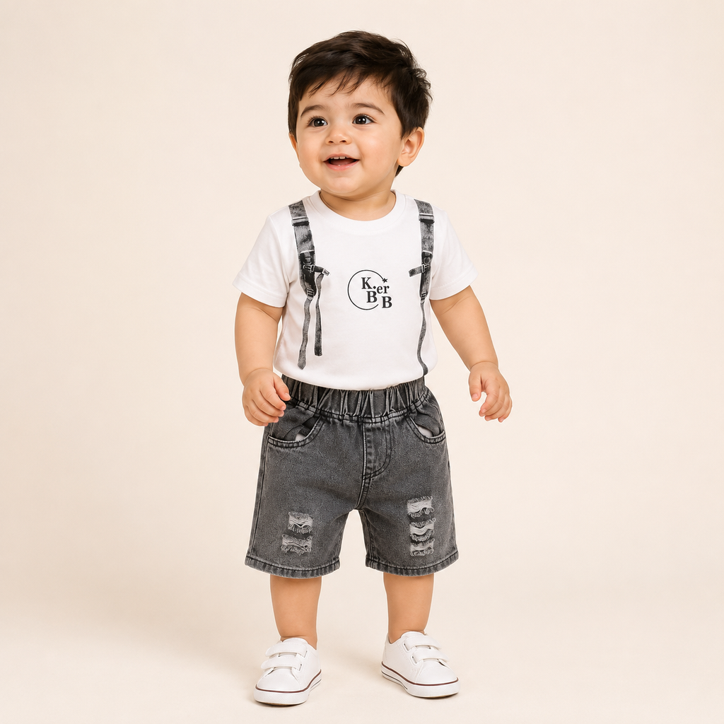 Boys White Printed T-Shirt with Grey Denim Shorts