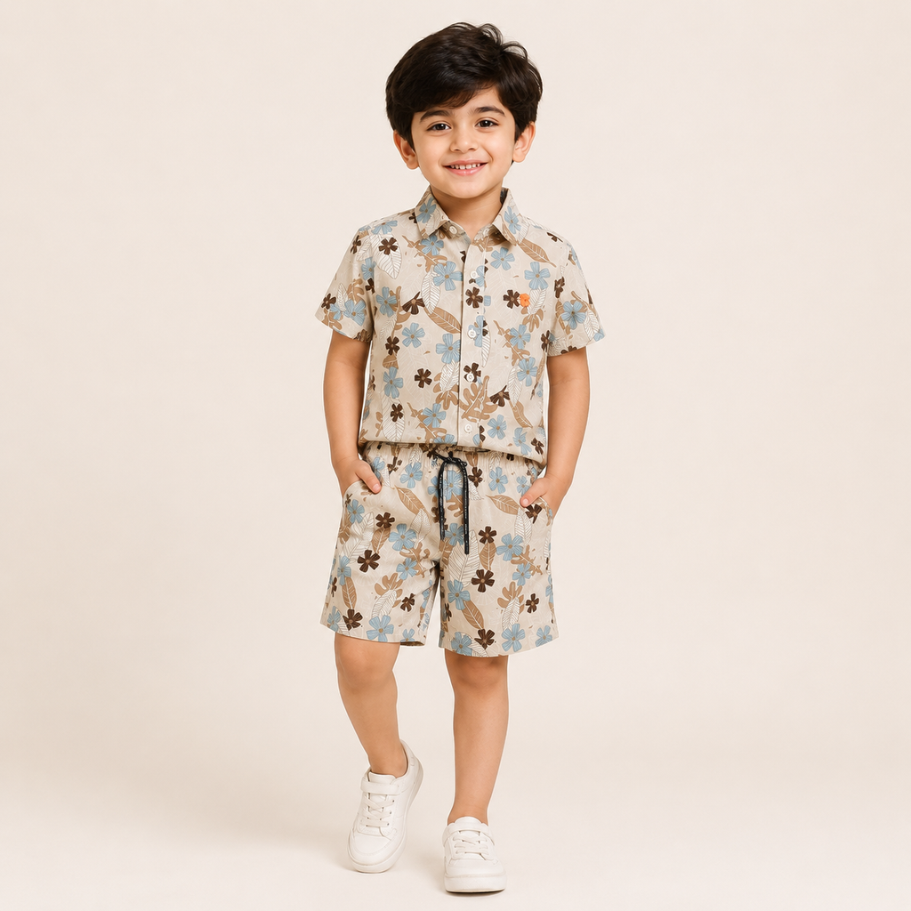 Boys Beige Tropical Floral Print Co-Ord Set