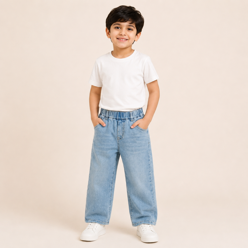 Boys Light Blue Elastic Waist Straight Fit Denim Jeans