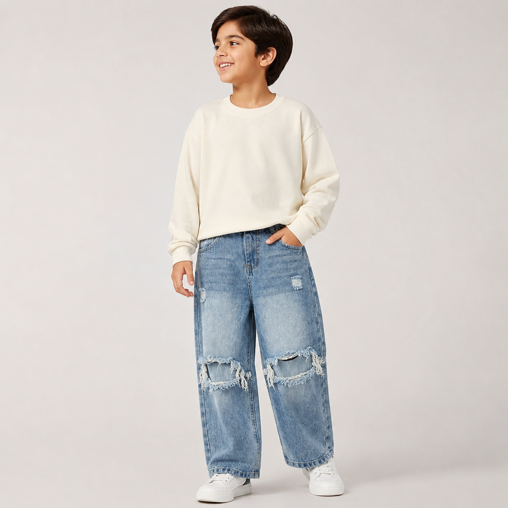 Boys Light Blue Distressed Baggy Fit Denim Jeans
