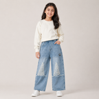Girls Light Blue Distressed Wide Leg Denim Jeans