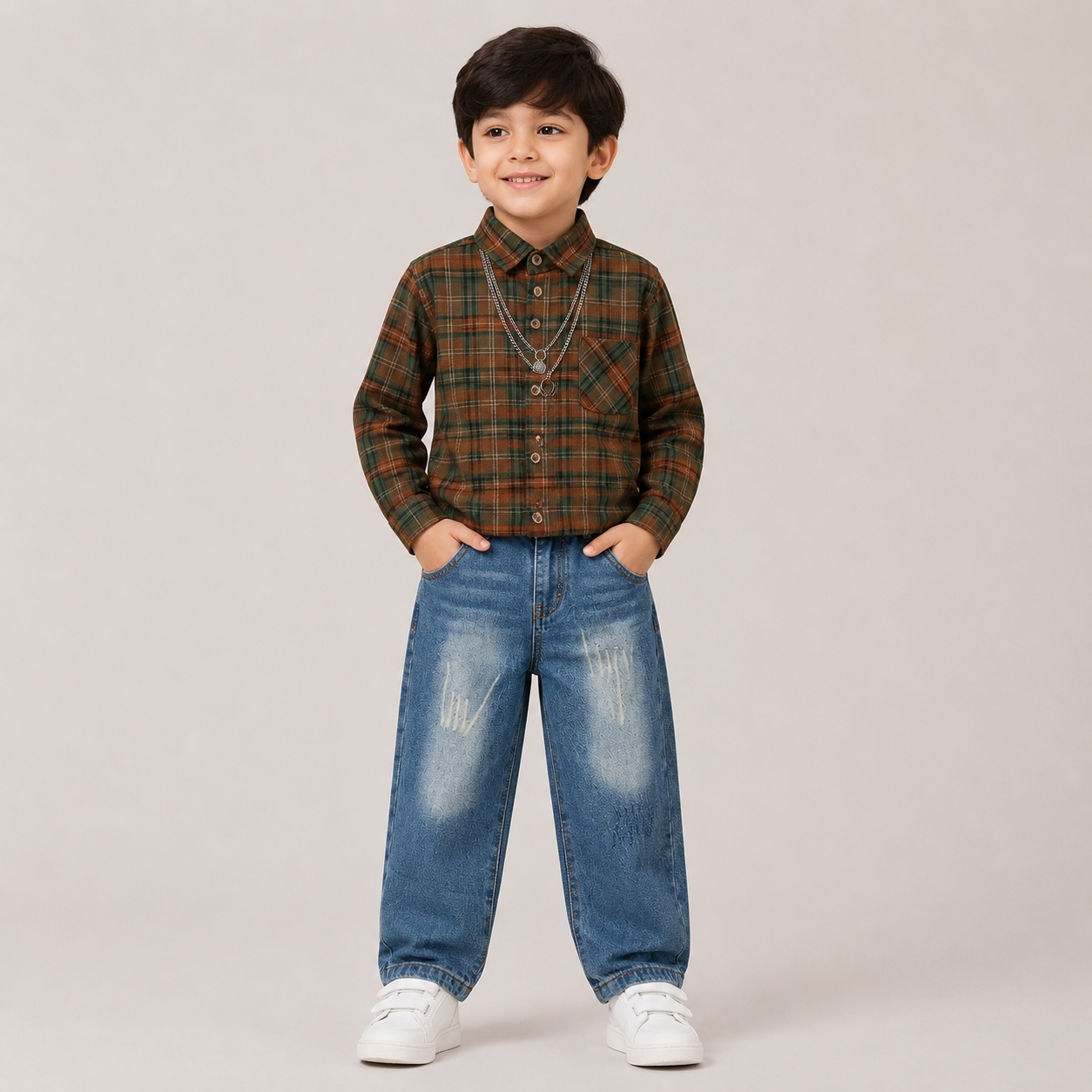 Boys Brown Checked Full Sleeve Shirt with Blue Denim Jeans