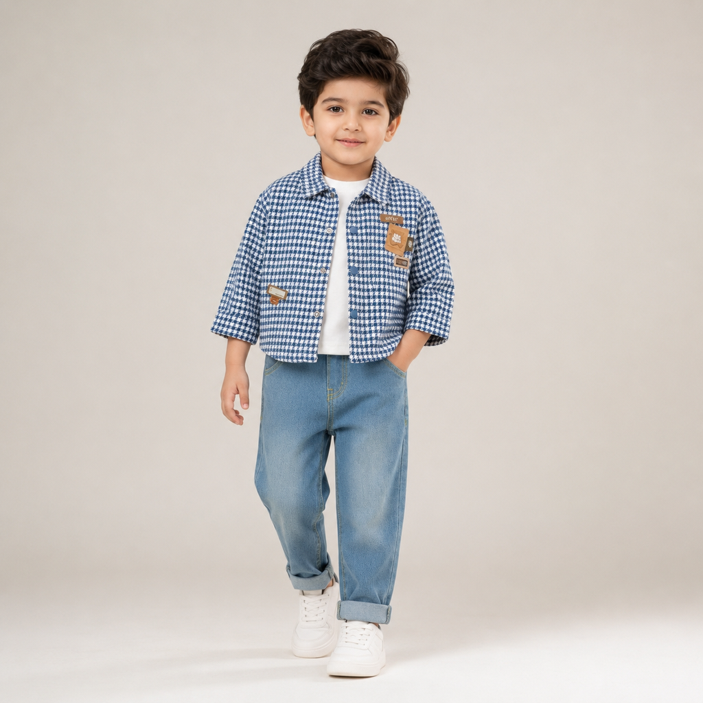 Boys Blue Checked Shirt Jacket with White T-Shirt & Denim Jeans