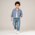 Boys Blue Checked Shirt Jacket with White T-Shirt & Denim Jeans