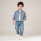 Boys Blue Checked Shirt Jacket with White T-Shirt & Denim Jeans