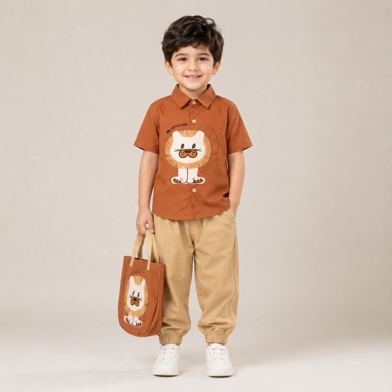 Boys Lion Applique Shirt & Jogger Pant Set with Matching Tote Bag