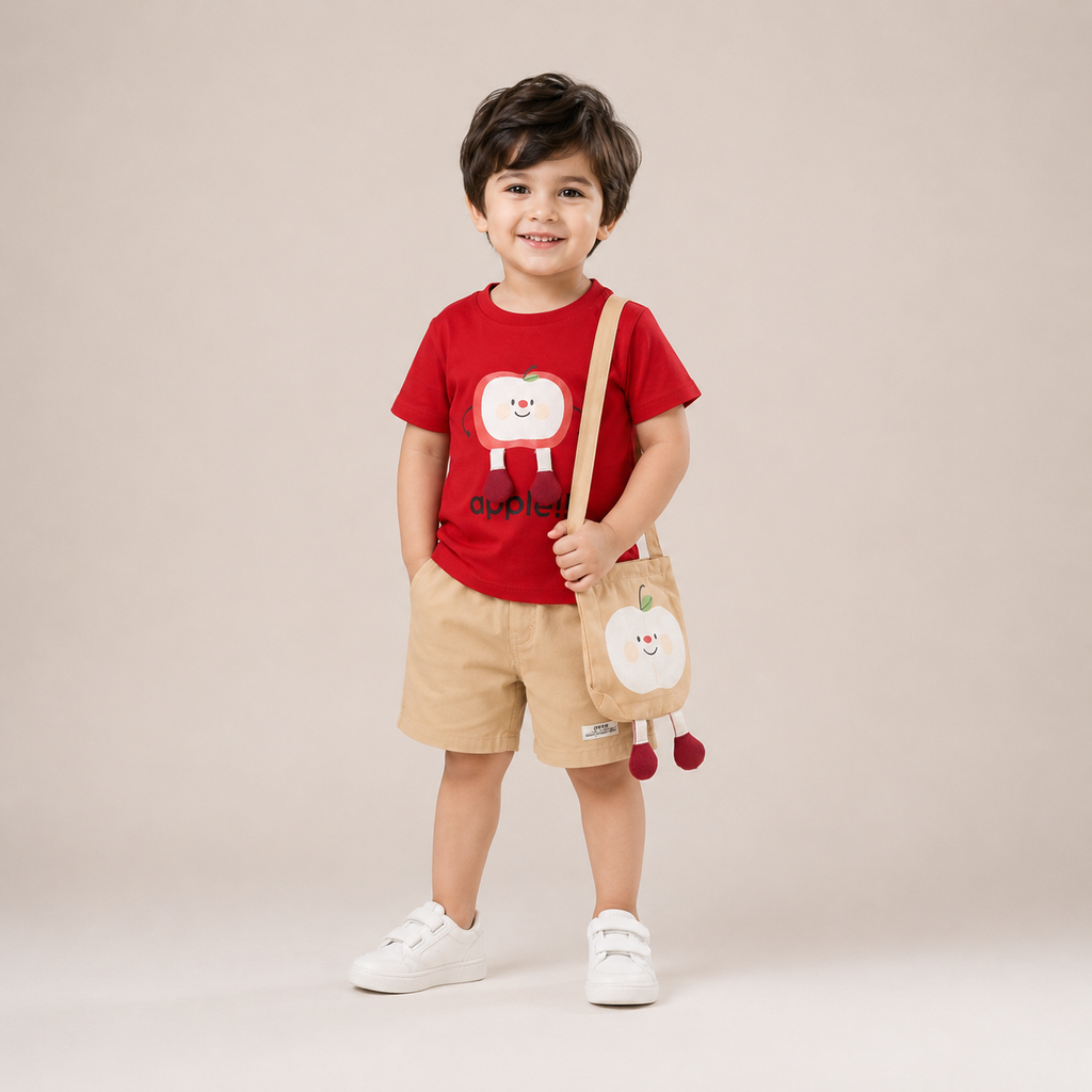 Boys Apple Applique T-Shirt & Shorts Set with Matching Sling Bag