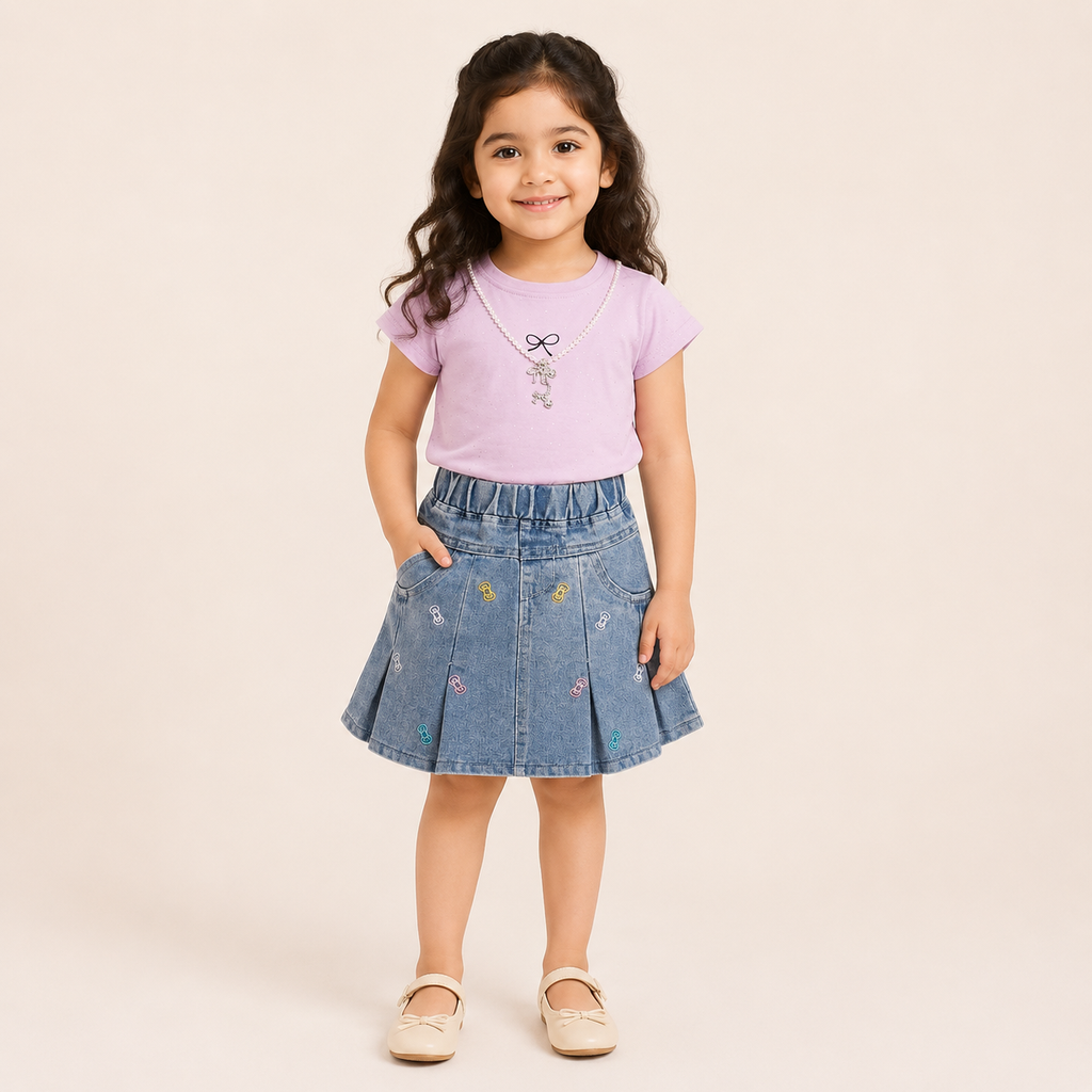 Girls Pink T Shirt and Denim Skirt