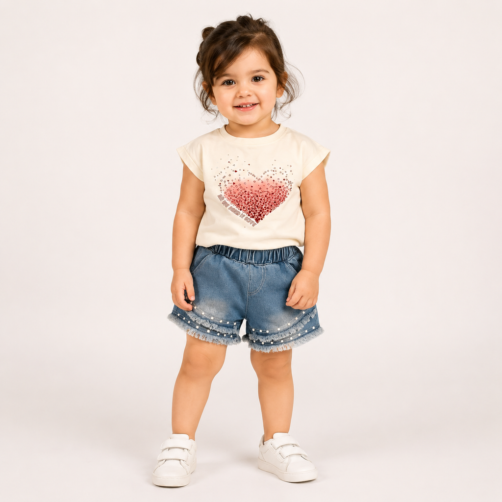 Girl White Heart T Shirt and Shorts
