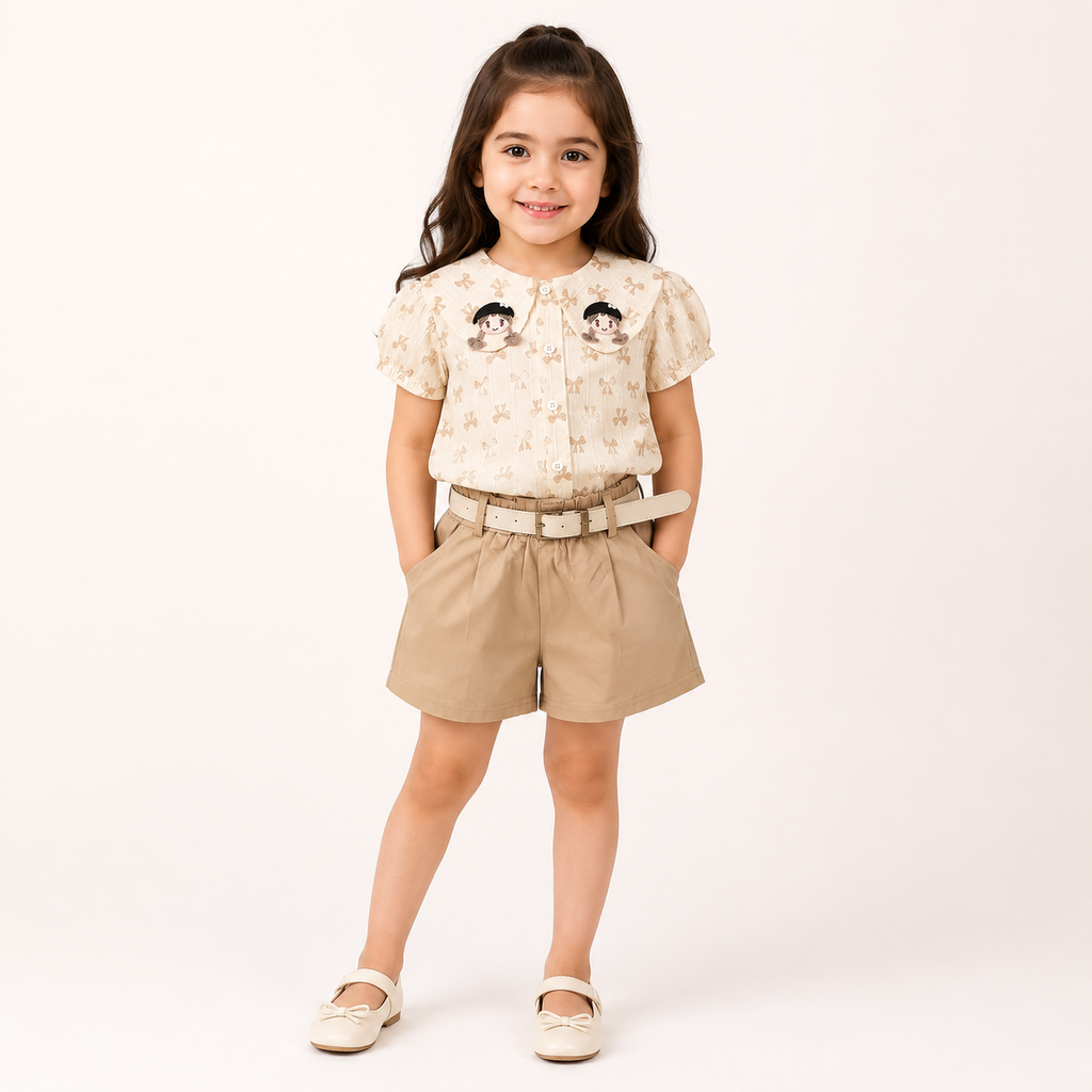 Girls Light Brown Top and Shorts with Belt