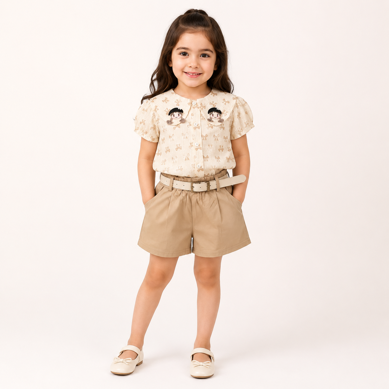 Girls Light Brown Top and Shorts with Belt