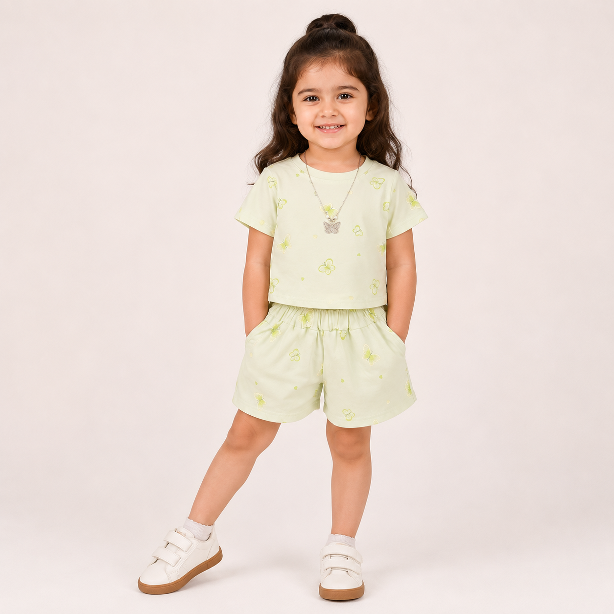 Girls Light Green Butterfly T Shirt and Shorts