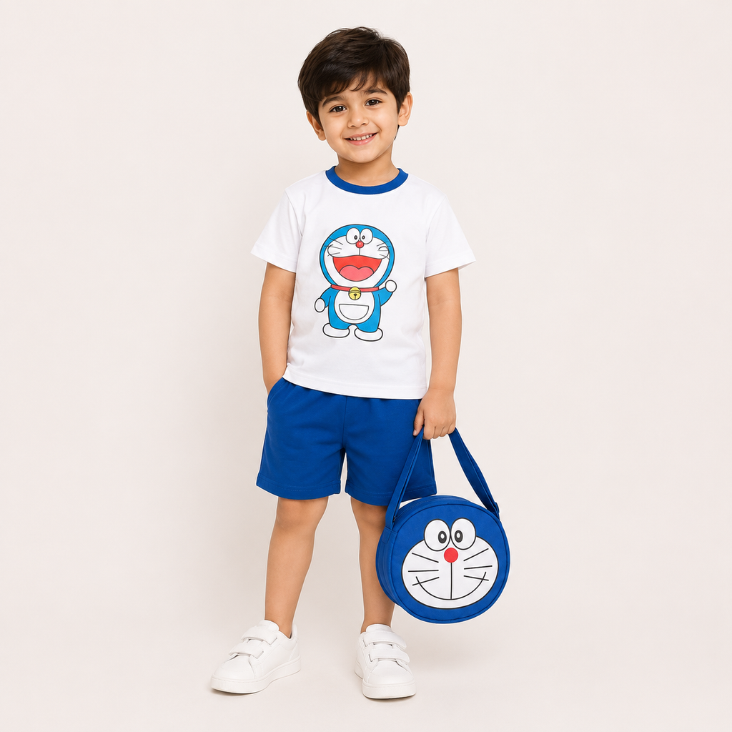 Boys Doraemon Print T-Shirt & Shorts Set with Matching Sling Bag