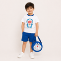 Boys Doraemon Print T-Shirt & Shorts Set with Matching Sling Bag