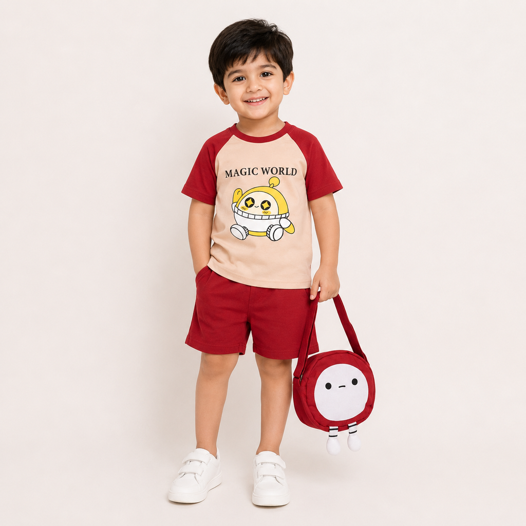 Boys Magic World Print T-Shirt & Shorts Set with Matching Sling Bag