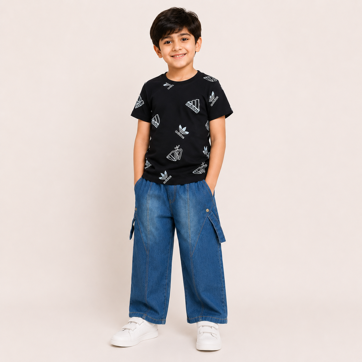 Boys Black Printed T-Shirt with Denim Cargo Pants